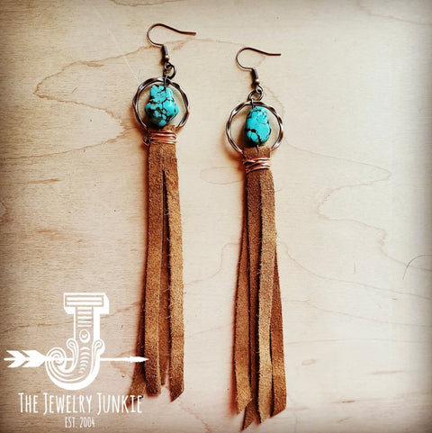 Turquoise Drop Earrings w/ Suede Leather Tassel