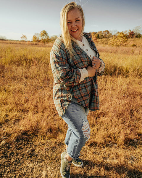 Mineral Washed Plaid Shacket - Vintage Teal