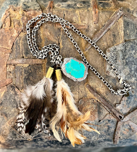 Turquoise Pendant Feather Necklace - DIRT ROAD GYPSI