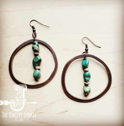 Copper Hoop Earrings w/ Natural Turquoise and Wood