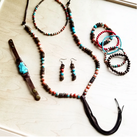 Multi-Colored Turquoise Necklace with Wood Beads and Leather Tassel