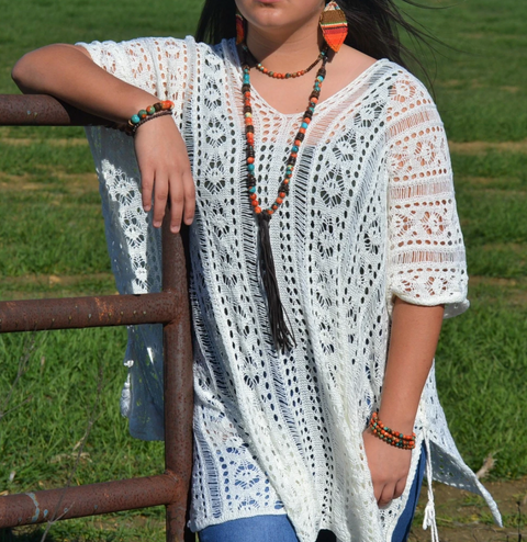 Multi-Colored Turquoise Necklace with Wood Beads and Leather Tassel