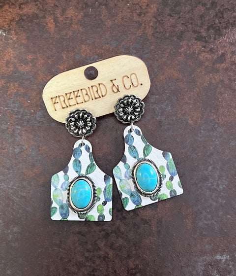Cattle Tag Earrings Succulent - DIRT ROAD GYPSI