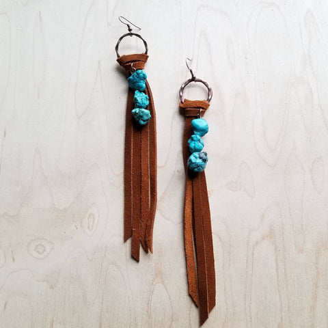 Suede Fringe Earrings with Turquoise Chunks - Brown